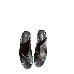 Sorel Black Leather Cross-Strap Slide Mules for Women